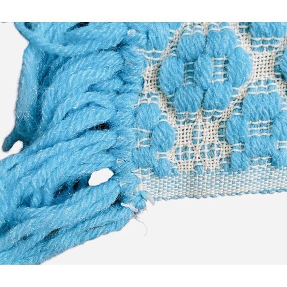 RARE Vintage 1960s Light Blue Fringe Double Daisy Throw Blanket 50x33 BEAUTIFUL - Picture 6 of 7